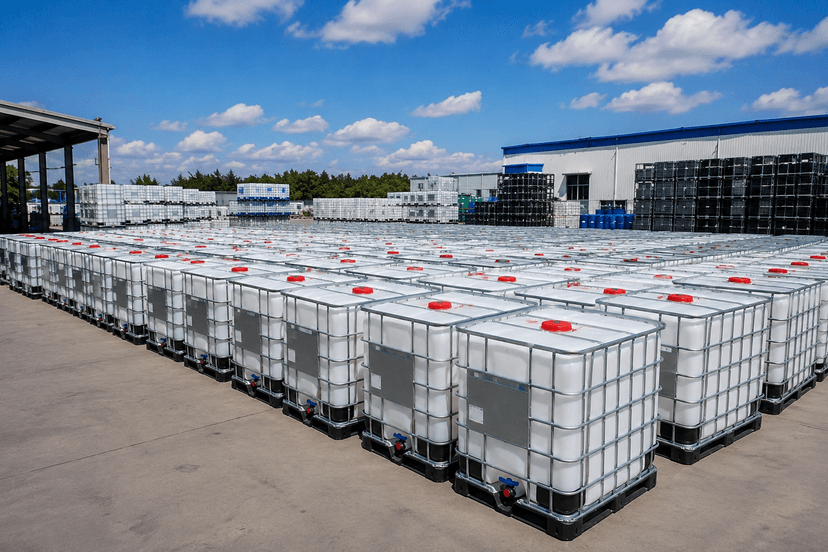 IBC totes outdoor yard under blue sky