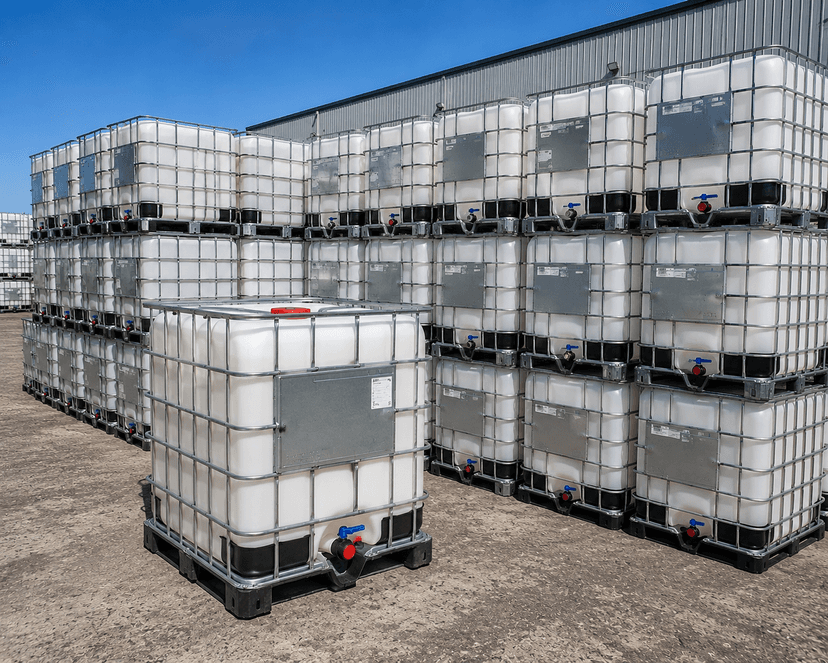 Clean IBC totes stacked at facility